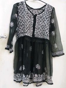 Black Mirror Work Chikankari Short Kurti