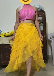 Designer Yellow Skirt With Pink Halter Neck Top