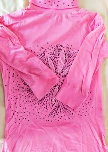 Pink Turtle Neck Top With Rhinestone Floral design