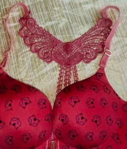 Red Patterned Front Open Bra with Lace Detail