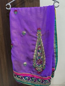 Purple Embroidered Saree no blouse