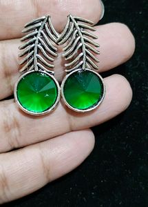 Silver Look alike Earrings With Green Stone