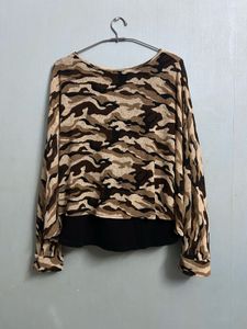 Brown Camouflage Print Top with Attached Inner