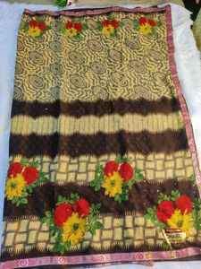 Black Saree With Kundan Work, Multicolour Flowers.