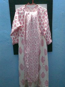 White &amp; Pink Printed Kurta, Pant And Dupatta