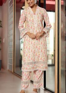 Libas Beige Floral Lace Details Kurta With Palazzo