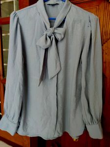 Elegant Light Blue Office Wear Shirt Bow Tie Nec