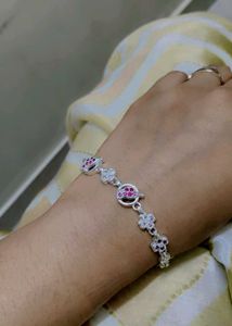 925 Silver  Floral  With Dark Pink Stone Bracelet
