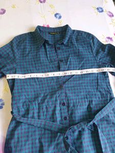 DRESSBERRY Women Green And Navy Blue Checked Shirt And Dress+Earring As A FREEBIE