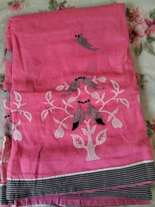 Pink Cotton Saree with Bird Embroidery