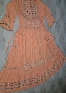 Peach Embroidered Kurta Smark Set For Girls