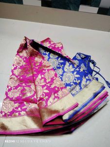 Pink & Blue Floral Saree And  Blouse