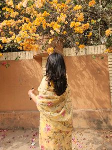 Yellow Organza Embroidered Dress/Saree MATERIAL
