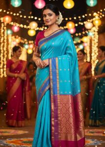 Elegant Blue Silk Saree with Pink Border