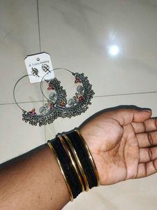 Oxidized Peacock Hoop Earrings &amp; Black Bangles🎉🎊