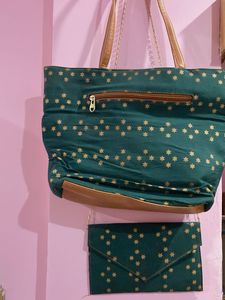 Green & Gold Tote Bag with Pouch