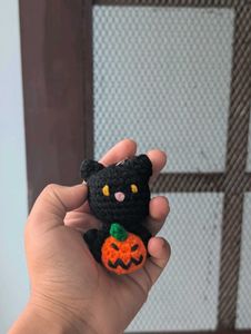 Crochet Black Cat Pumpkin Keychain