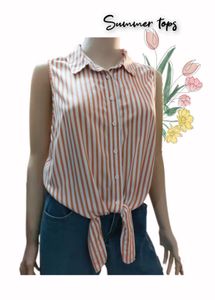 Thrifted Striped Tie-Front Sleeveless Blouse