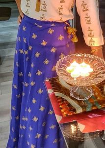 Flared Skirt - Blue And Golden Printed