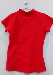 Bold Red Solid Mock Neck Fitted T-Shirt