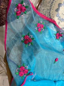 Blue Organza Saree with Floral Embroidery