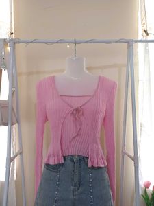 Pink Tie up Ribbed Top