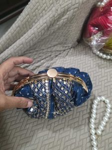 Blue Embroidery Potli Clutch With Pearl Handle