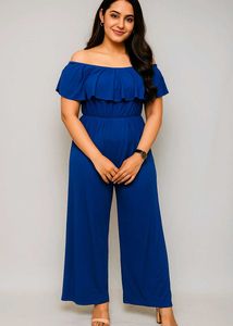 Blue Off-Shoulder Ruffle Jumpsuit