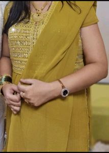 Mustard Yellow Long Kurta With Palazzao And Dupatt