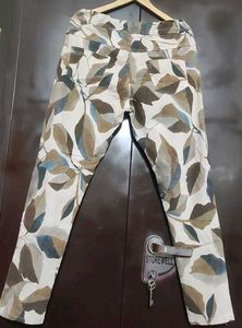 Light Olive Leaves Printed Trouser Pant 32 Waist