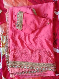 Pich Colour Mirror Work Saree