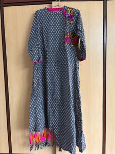 Gray Ethnic Print Dress with Tassels
