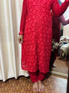 Red Chickankari Suit Set.