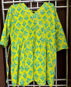 Yellow & Blue Floral Angrakha Kurti