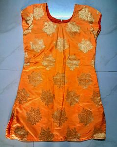 Elegant Orange Brocade Silk Kurti with Golden Flor