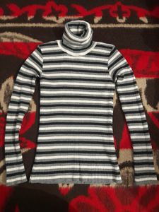 Black And white Stripped High Neck Winter Top
