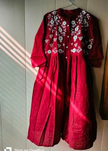 Maroon Embroidered Midi Dress