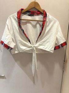 Tie-Front Plaid Trim Top