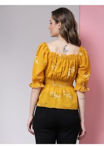 casual Puff Sleeves Floral Print Women Yellow Top