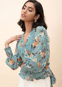 Green Floral Print V Neck Wrap Top