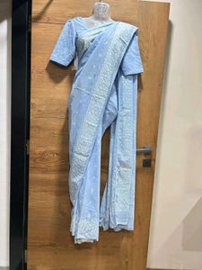 💙🥰Charming Sky Blue Luckonwi Chikankari Saree