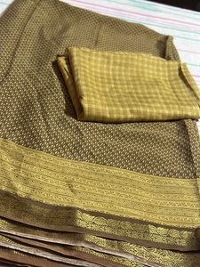 Brown+olive &amp; Gold Patterned Saree