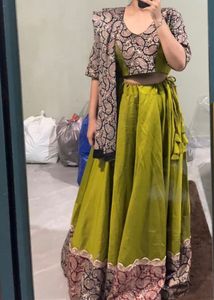 Olive Green Lehenga Set with Printed Blouse