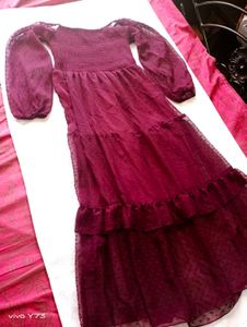Pretty Purple Korean Dress With Puff Sleeves