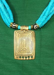 Blue Necklace With Gold Brass Pendant