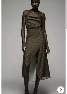 Zara Olive Green Polkadot Slit Dress
