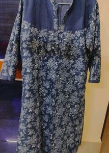 Cotton Jeans Fabric Floral Print450 Kurti For Girls,Colour-navy Blue With Floral Print