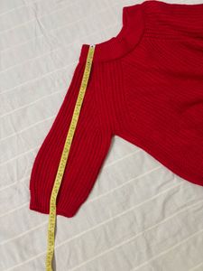 Red Puff Sleeves Cable Knit Pullover