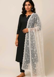 White Embroidered Net Dupatta with Floral Design