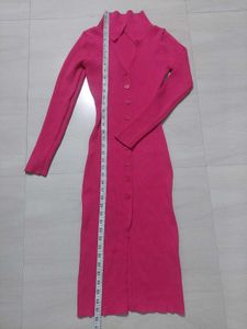 Women Pink Ribbed Midi Dress